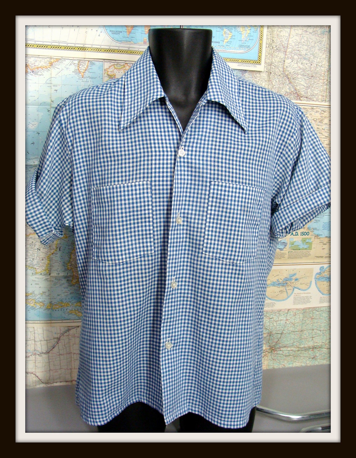 vintage 70s Mens Blue & White Gingham Check Short Sleeve Button Front Summer Shirt M