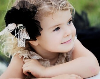 Vintage Shabby Chic Style Large Black Chiffon and Lace Rosette Hairclip/Broach