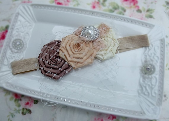 Vintage Shabby Chic Premium Birdcage Veil Satin Rosettes Baby Child Girls Headband