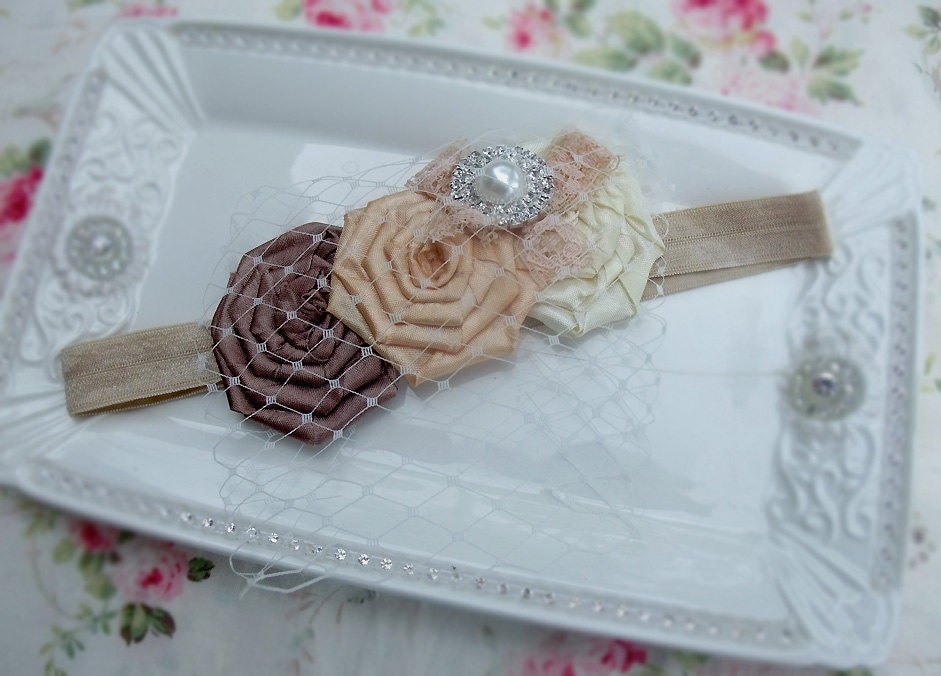 Vintage Shabby Chic Premium Birdcage Veil Satin Rosettes Baby Child Girls Headband