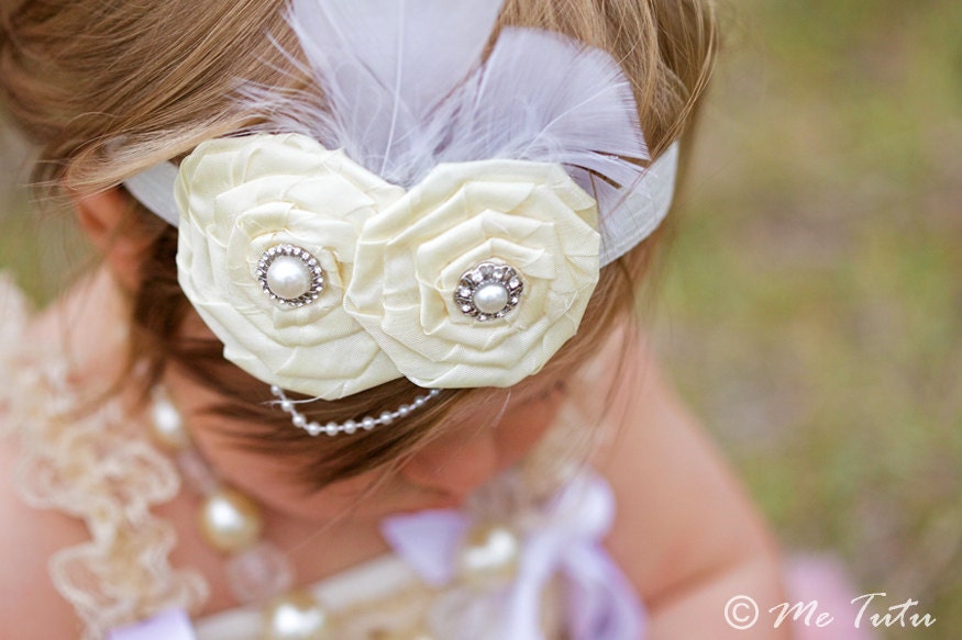 Vintage Shabby Chic Premium White/Ivory Satin Rosettes Feather and Pearl Baby Child Girls Headband
