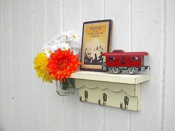 White wood wall shelf key hook vase jar wall organizer