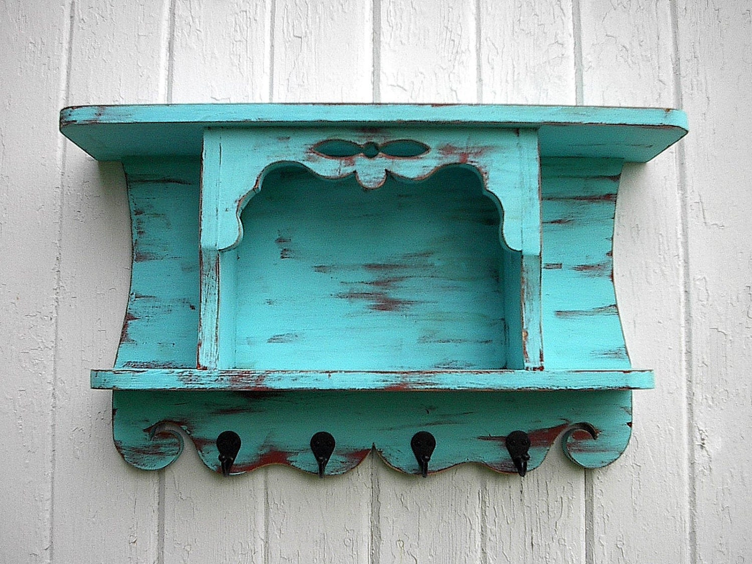 Organizer wall shelf primitive country cottage hooks aqua