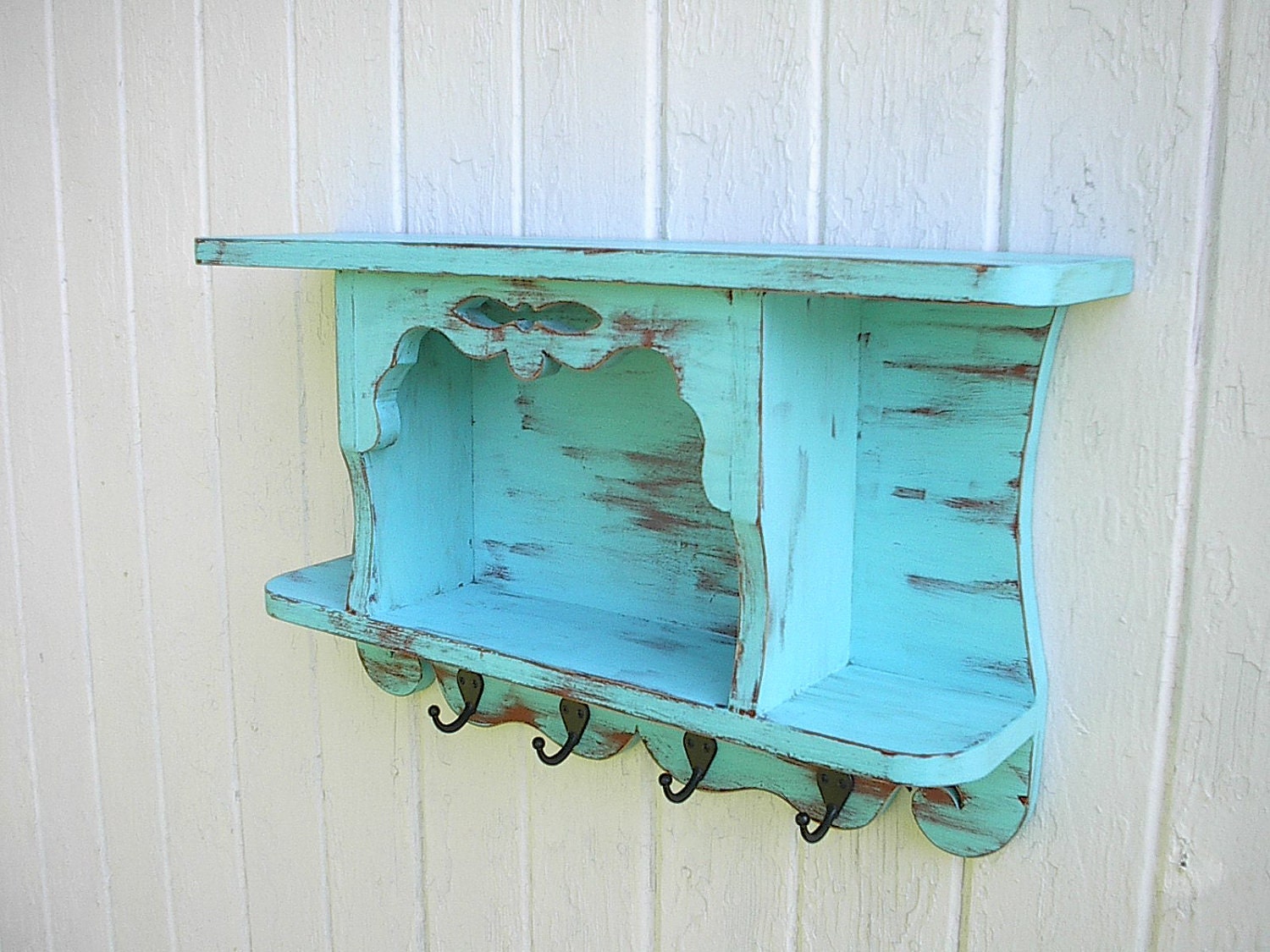 Organizer wall shelf primitive country cottage hooks aqua