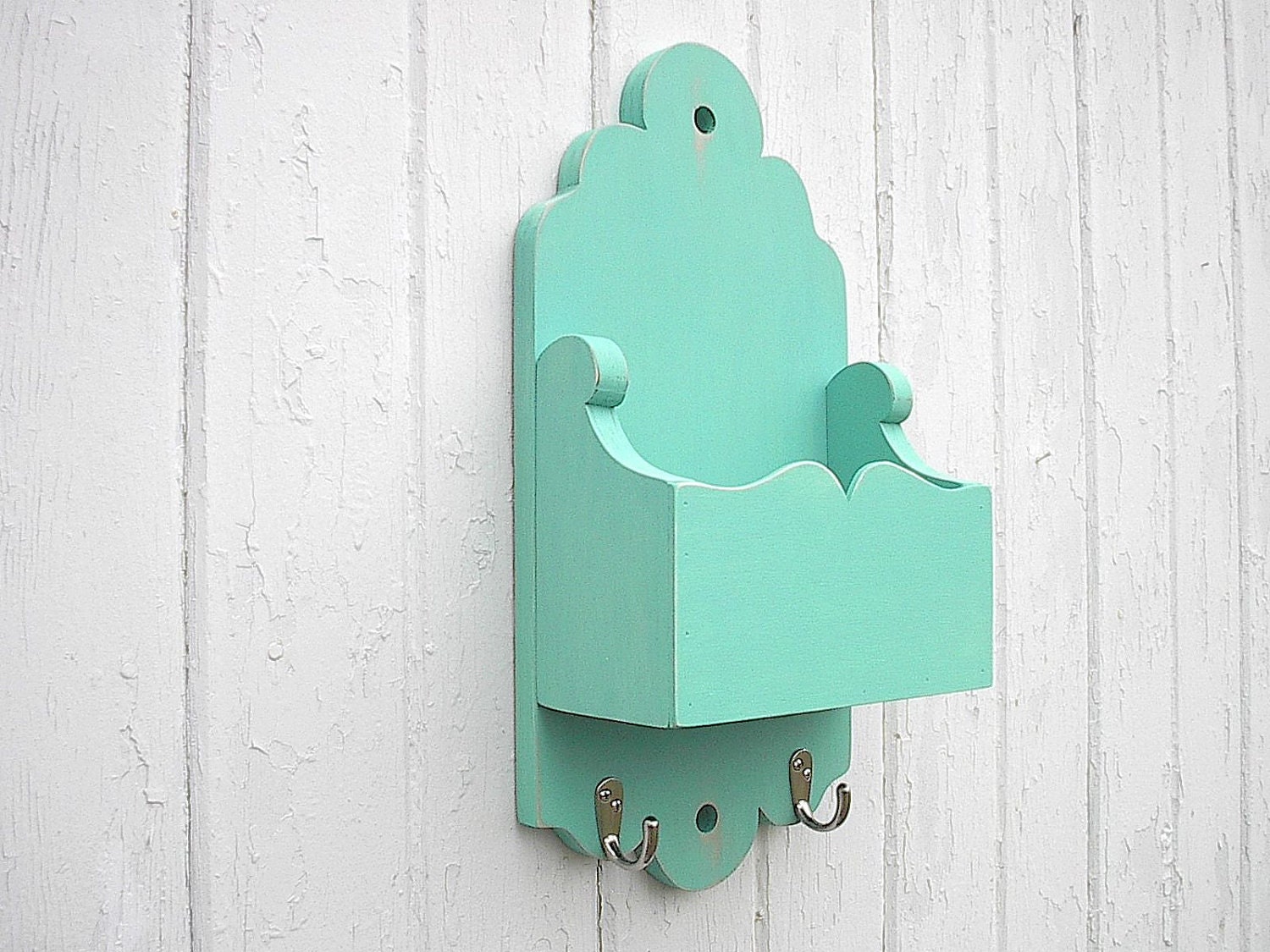 Mail holder key hook organizer wood turquoise shabby chic