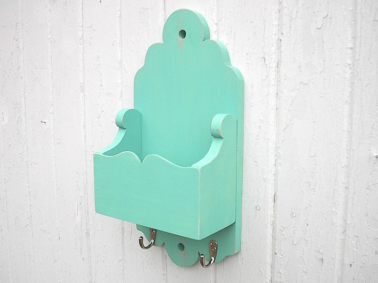Mail holder key hook organizer wood turquoise shabby chic