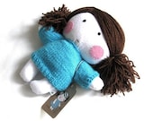 Rag doll stuffed doll softie soft toy stuffed toy stuffed puppet doll plushie girl white turquoise blue hand knitted sweater cloth 11" 27 cm