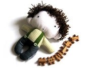 Rag doll boy stuffed toy plushie softie softies handmade doll toy stuffed puppet baby boy kid white green navy blue denim jeans 11" 27 cm