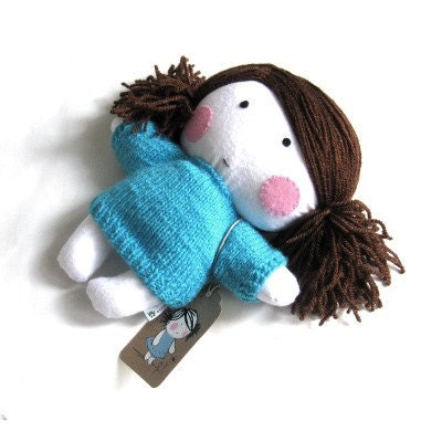 Rag doll stuffed doll softie soft toy stuffed toy stuffed puppet doll plushie girl white turquoise blue hand knitted sweater cloth 11" 27 cm