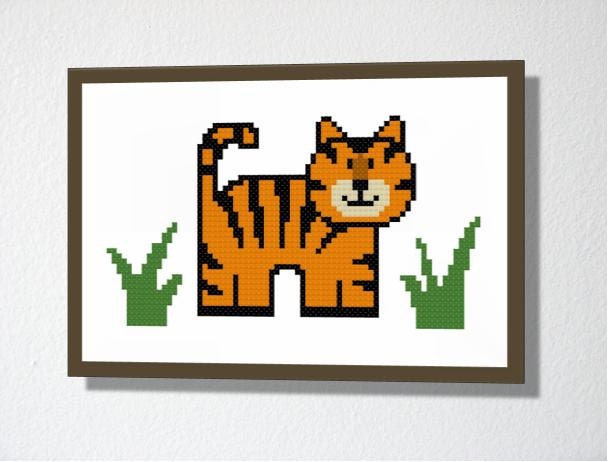 Counted Cross stitch pattern PDF. Instant download. Cute Tiger. Includes easy beginner instructions.