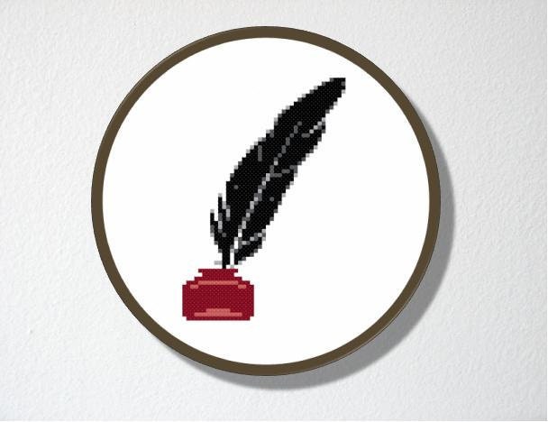 Counted Cross stitch Pattern PDF. Instant download. Quill and Inkwell. Includes easy beginners instructions.