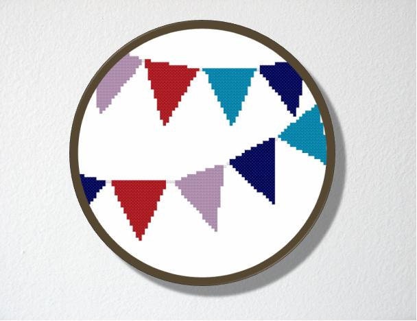 Counted Cross stitch Pattern PDF. Instant download. Bunting Flags. Includes easy beginners instructions.