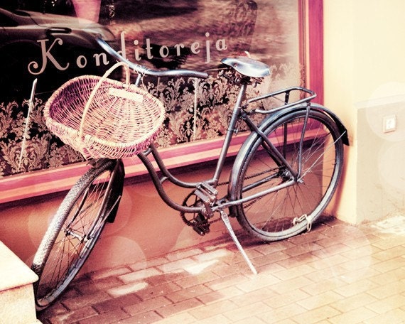 Bicycle - vintage bicycle fine art photography print - 8x10 inch - purple bike, pink, bokeh, city photo