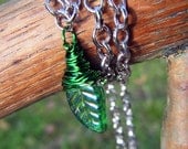 Necklace Green Glass Leaf Handwrapped Pendant on Silver Chain