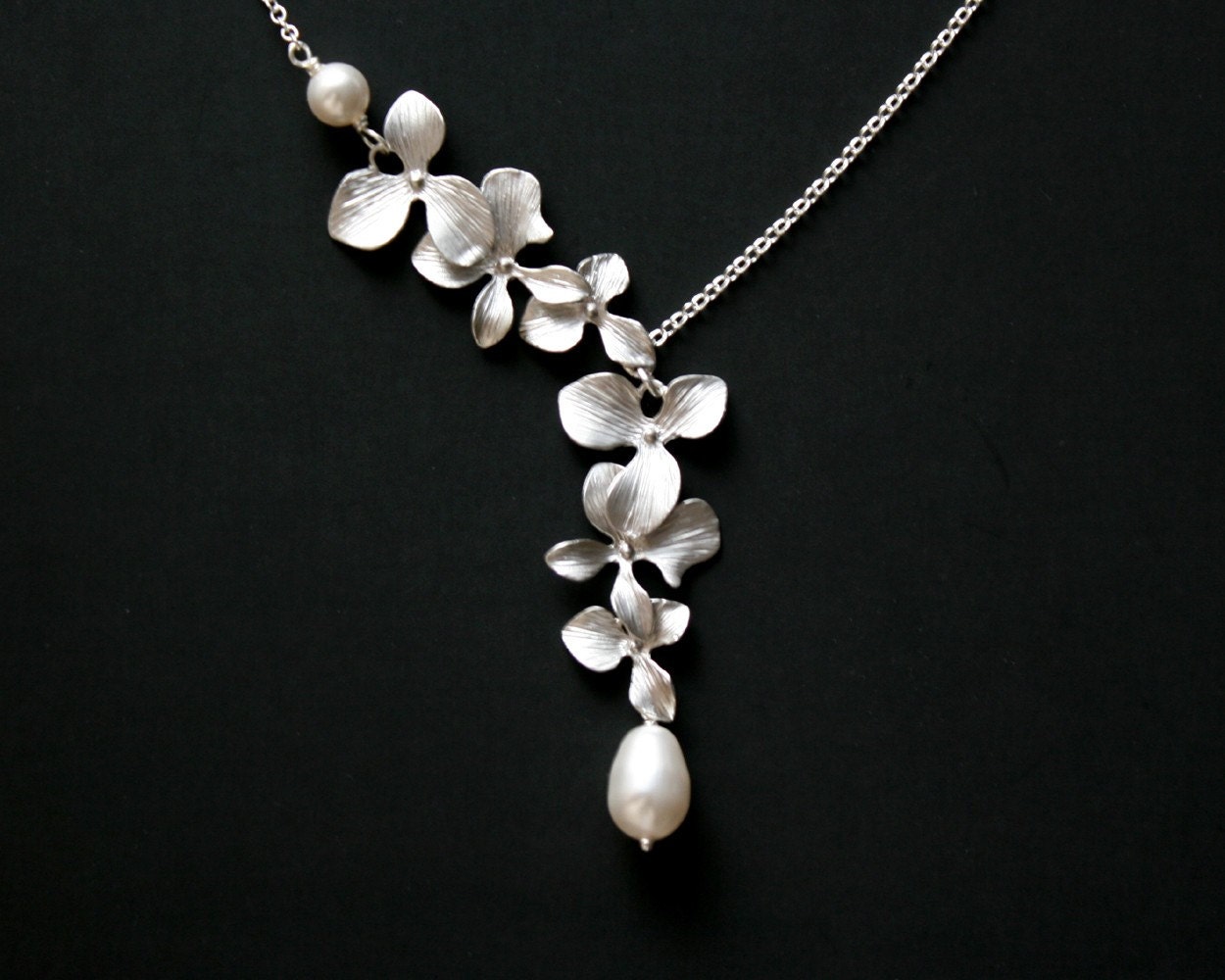 Romantic Orchid flower pearl necklace, sterling silver - wedding bridal jewelry bride bridesmaid gift, elegant floral necklace, pearl