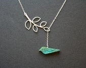 Turquoise bird on white gold leaf branch lariat necklace - blue bird, delicate necklace, birthday gift for mom daughter, bridesmaids gifts