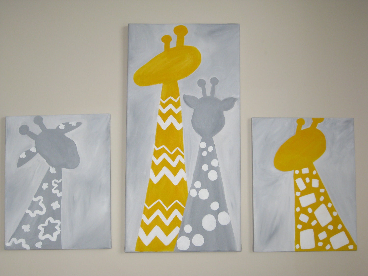 Giraffe paintings- set of 3- yellow and gray