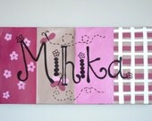 Shades of pink and brown personalized painting- flowers, butterflies, plaid- nursery, bedroom, playroom art