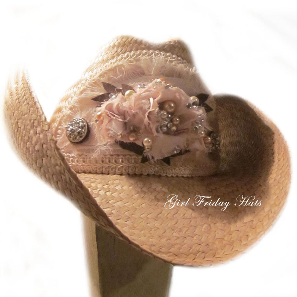Silk Roses. Rhinestone & Pearls Handmade Embellished Designer Cowboy Hat