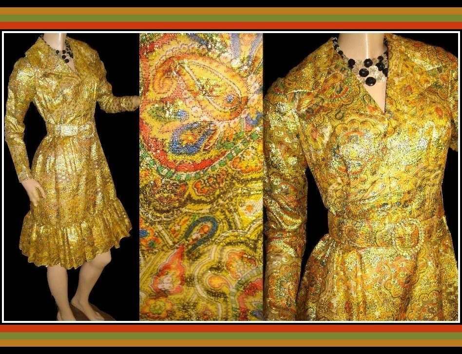 Vintage Gold Metallic 1950s 50s 1960s 60s  Mad Men Rockabilly Full Circle-Skirt Swing Princess Bombshell Formal Wedding Cocktail Prom Party Dress