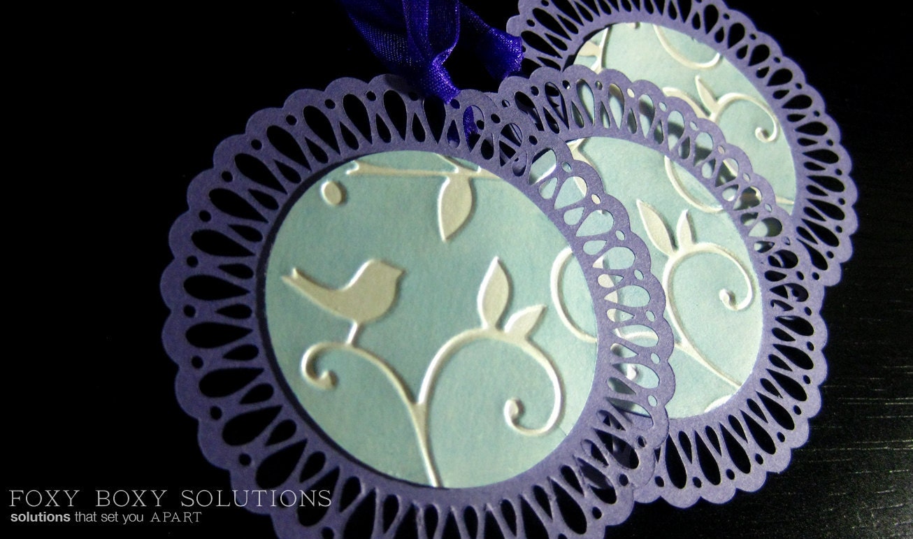 Gift Tags: Purple Lace Circle with Blue Bird Center - set of 3