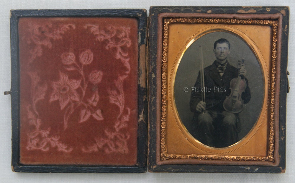 Antique Tintype Photograph in Leather Case / HANDSOME MAN Holding Handtinted VIOLIN / 1860s
