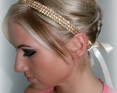 SALE- Gold Topaz Rhinestone Ribbon Head Piece, rhinestone hair piece, bridal headband, accessories