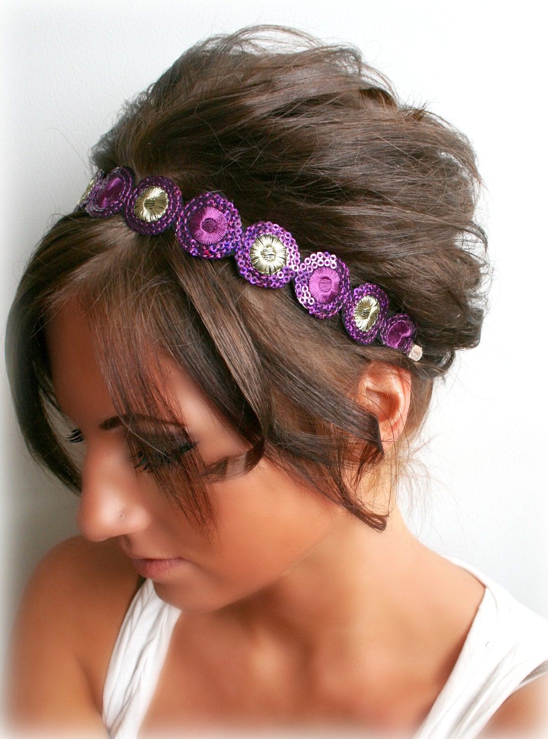 Gold and Purple Embroidered Trim Headband
