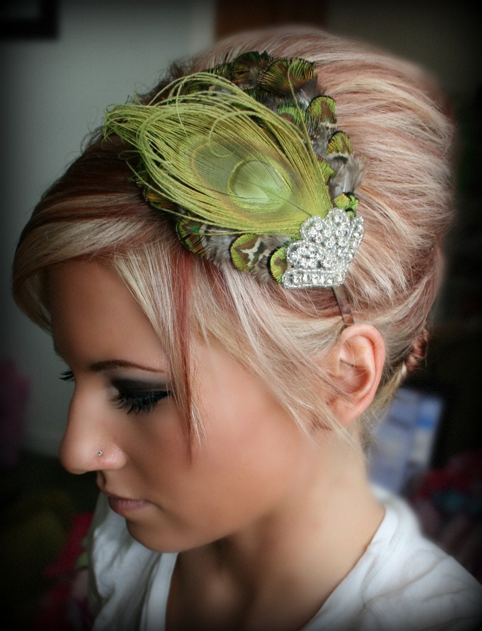 Green Peacock Rhinestone Feather Headband, Feather hair piece, bridal headband, hair accessory, rhinestone