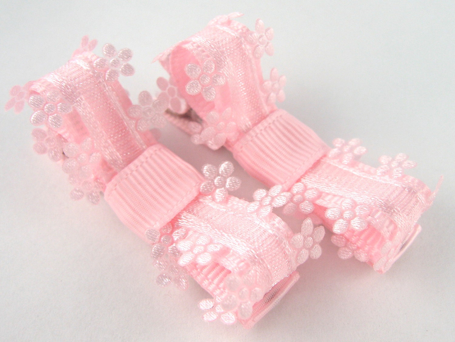 Baby Hair Clips - Light Pink Fancy Flowers Tuxedo Bow Barrettes - Matching Pair Toddler Hair Clips - Special Occasion