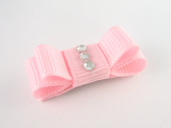 Newborn Hair Clip - Baby Bow Barrette in Light Pink with Rhinestones - Baby Pink Photo Prop Special Occasion
