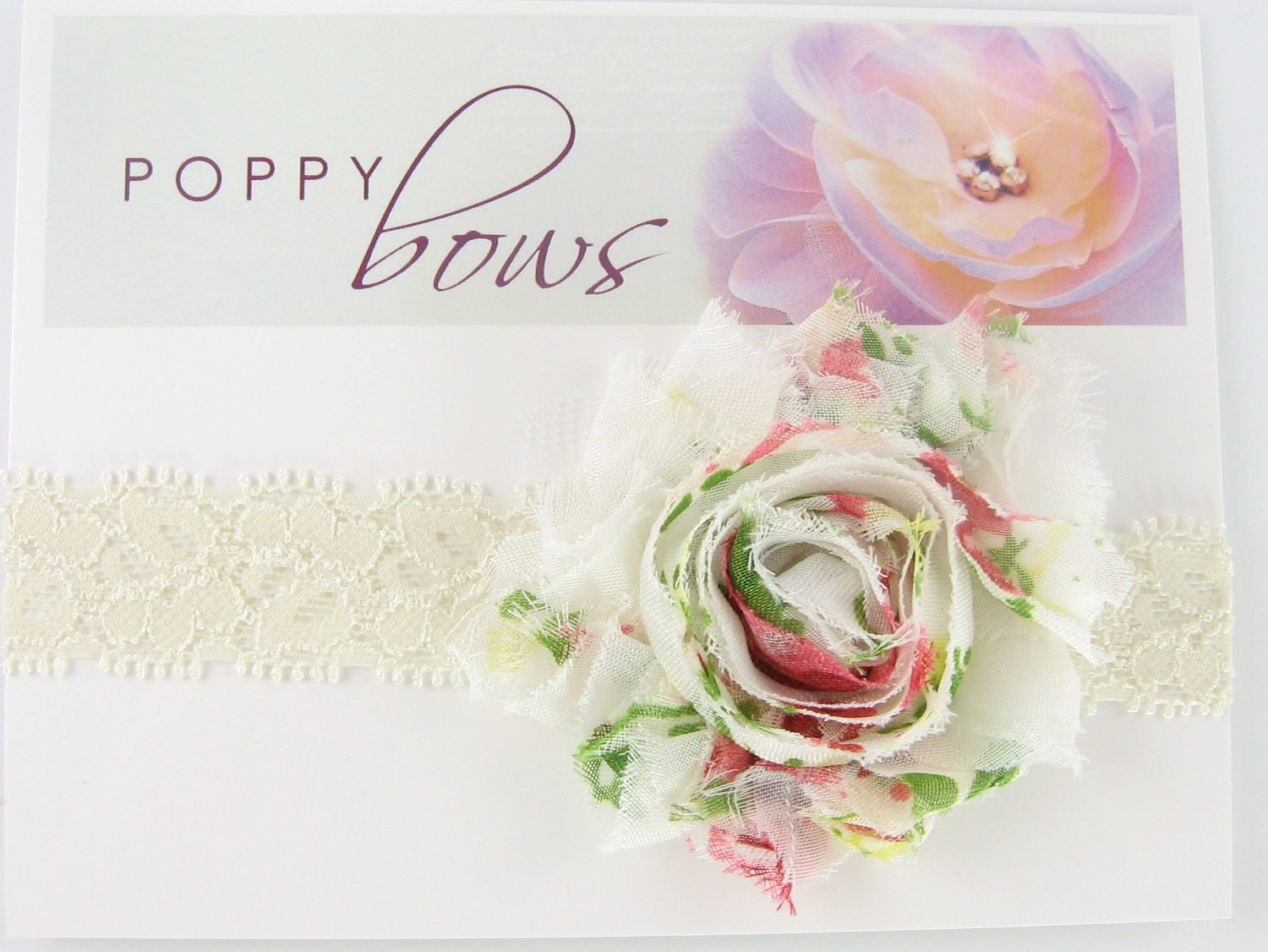 Ivory Floral Lace Headband - Rose Printed Chiffon Flower with Ivory Lace Elastic - Custom Sizes - Newborn Baby Toddler Girl