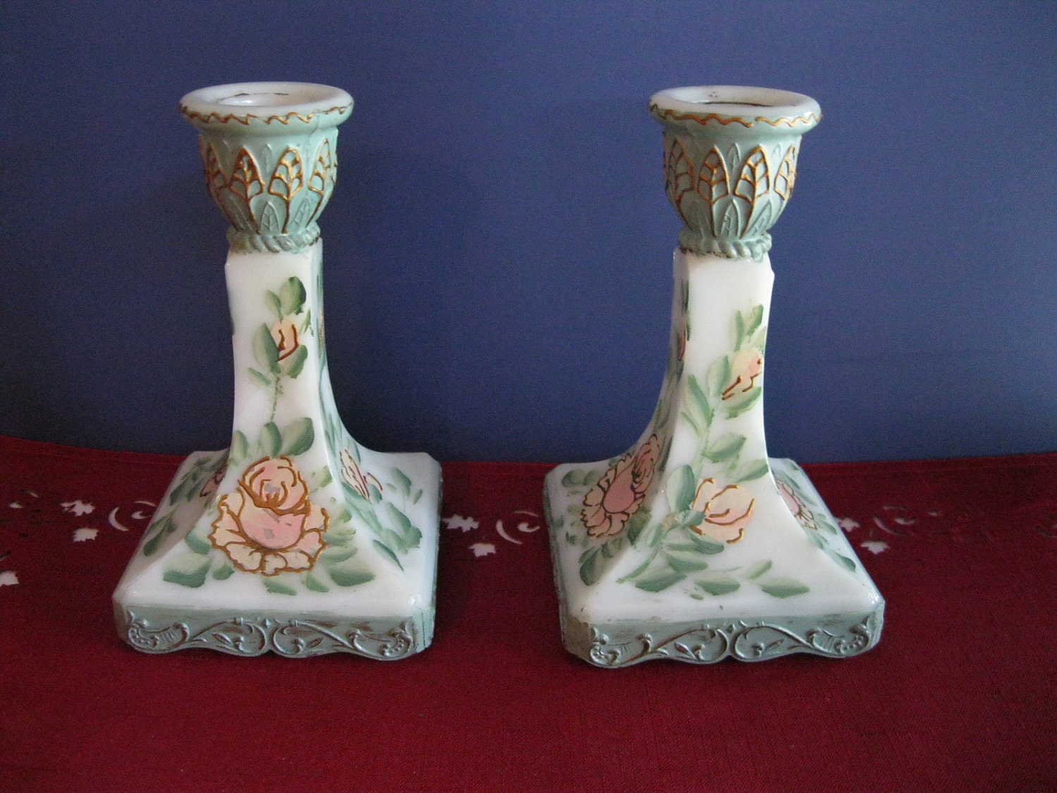 Milk Glass Candle Holders Painted Roses Vintage