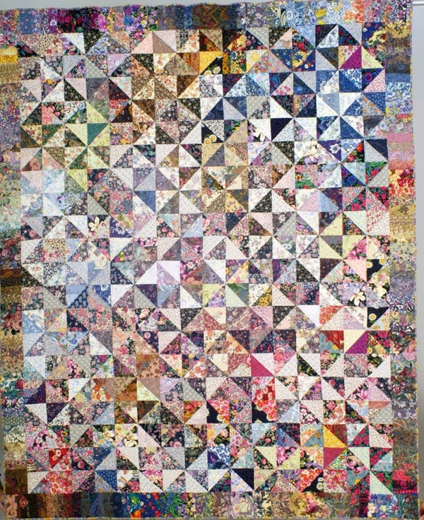 Twin Bed Quilt 73.5" x 89", Pinwheel Quilt, Floral Quilt, Home Decor