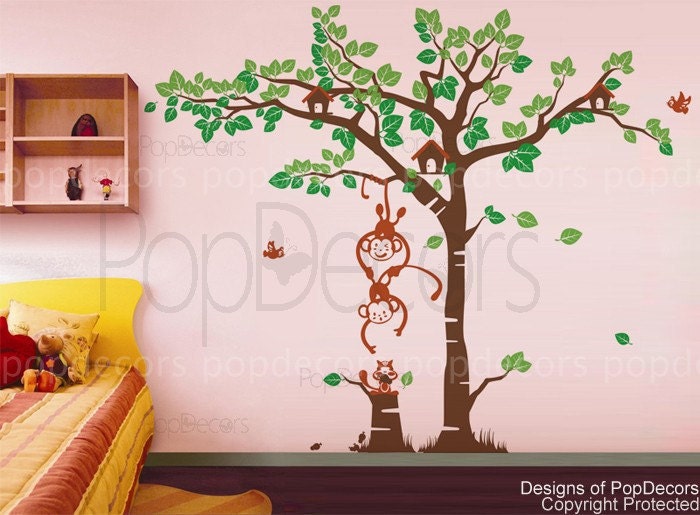 Monkeys Wall Decal Tree Wall Stcikers Nursery Wall Decal Playroom decals- Playing monkeys and squirrel in the grassland - by Pop Decors