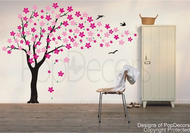 Floral Tree Decal Girl's Wall Decal Flower Decal Nursery Decal -Drifting flowers and birds (71inch H)- Designed by Pop Decors
