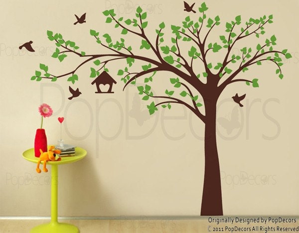 Tree Wall Decals Stickers Nursery Room Decor Flying Birds Decal Kids Decal- Big tree with love birds(100" W) -Deisnged by Pop Decors