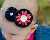 Denim Flower Duo On Thin White Headband- Daisy and Pearl Center