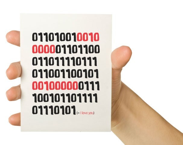 Valentine Card - Binary Code Greeting Card - I Love You in Binary - Red and Black 5 x 7 - Valentines Day