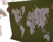 LET'S RUN AWAY Giant Modern World Map Print Poster - 24x36 - Green and White