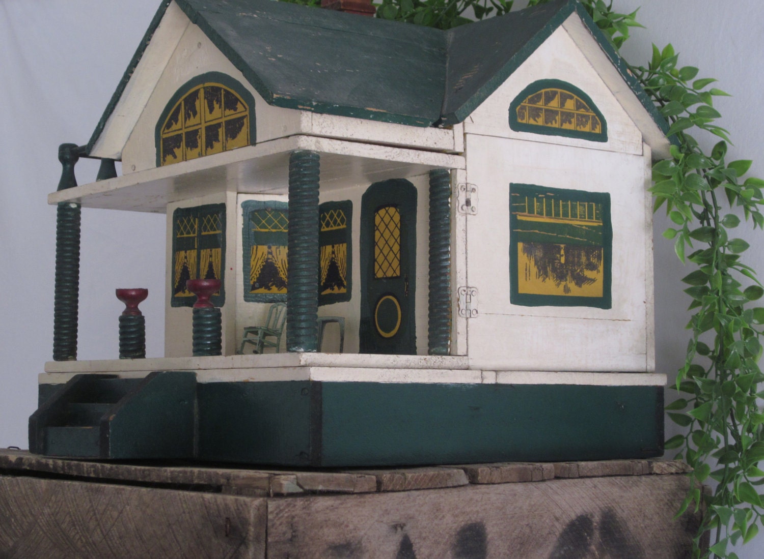 Antique Converse Doll House Toy Primitive Folk Art House Green Yellow Miniature Vintage Dollhouse