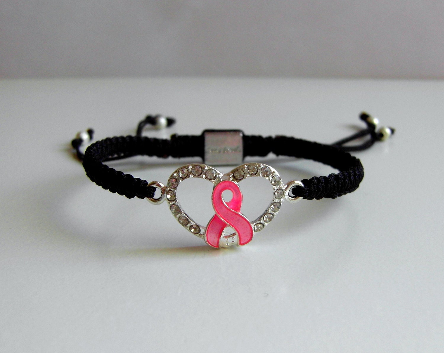 Pink Ribbon Bracelet Breast Cancer Awareness Macrame Adjustable Bracelet Silver Rhinestone Heart Bracelet