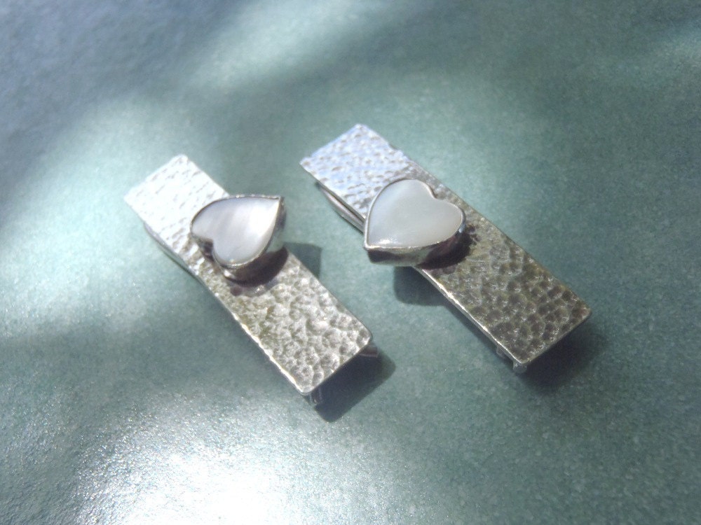 Vintage Handcrafted Sterling Silver Barrettes With White Mother of Pearl Hearts Two Hair Barrettes 1970s Accessory Jewelry