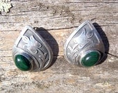 Vintage Sterling Silver and Malachite Earrings Stamped, Appliquéd Stylized Tulip Design Natural Green Malachite Jewelry for Pierced Ears