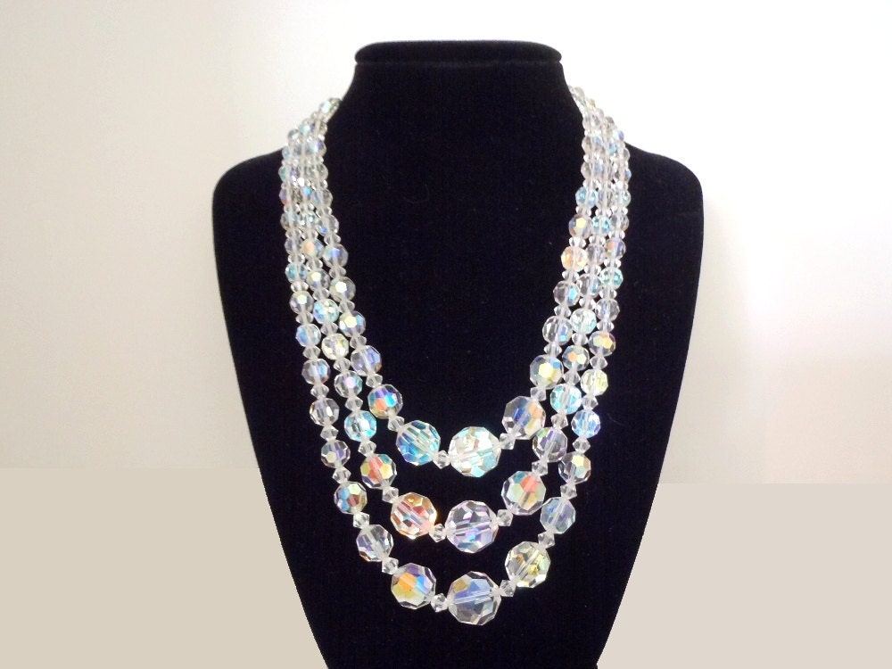 Vintage Three Strand Aurora Borealis Necklace Faceted Round Glass Bead Triple Strand AB 3 Strand Choker Sparkling Formal Wedding Wear