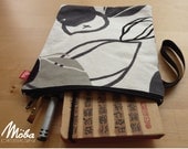 Zippered Pouch, Lined White Grey and Black, Black Zippered Bag with Black Strap