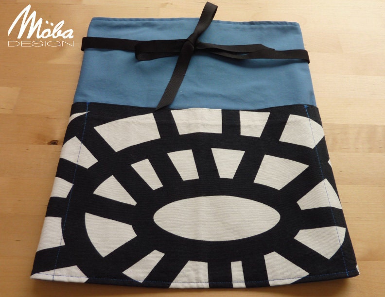 Chef Waist Apron, Sky Blue with Black and White Bold Graphic Pattern with Black Ribbon Tie