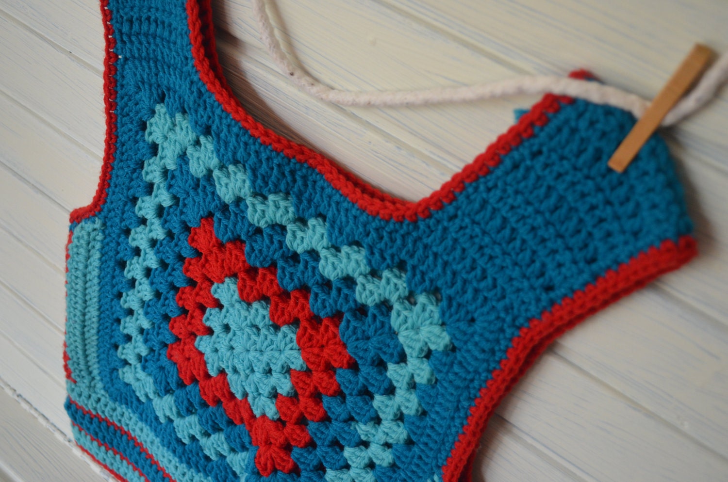 Crocheted Vest - turquoise, red - buzzinaround