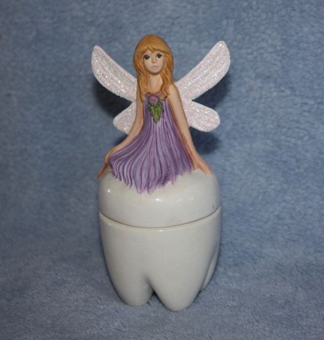 Handpainted Ceramic Tooth Fairy Treasure Box in lavender with sparkling wings