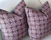 Pair of Graphic Pattern Batik Pillows, Olive and Green Floral Repeat Pattern